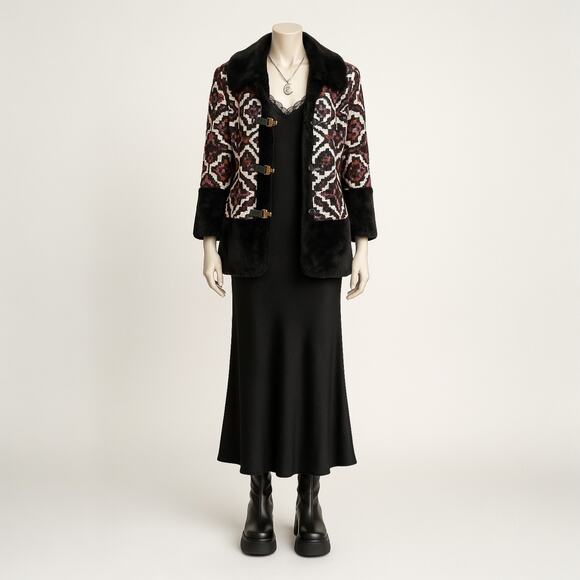 Vintage 60s 70s Tapestry Carpet Coat Faux Fur Gold Buckle Penny Lane Boho Mod - Picture 2 of 11